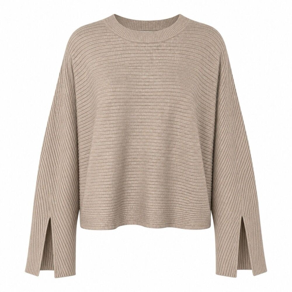 Pink Rose Women’s M Taupe Ribbed Knit Cropped Sweater Split Cuff Boxy Top
